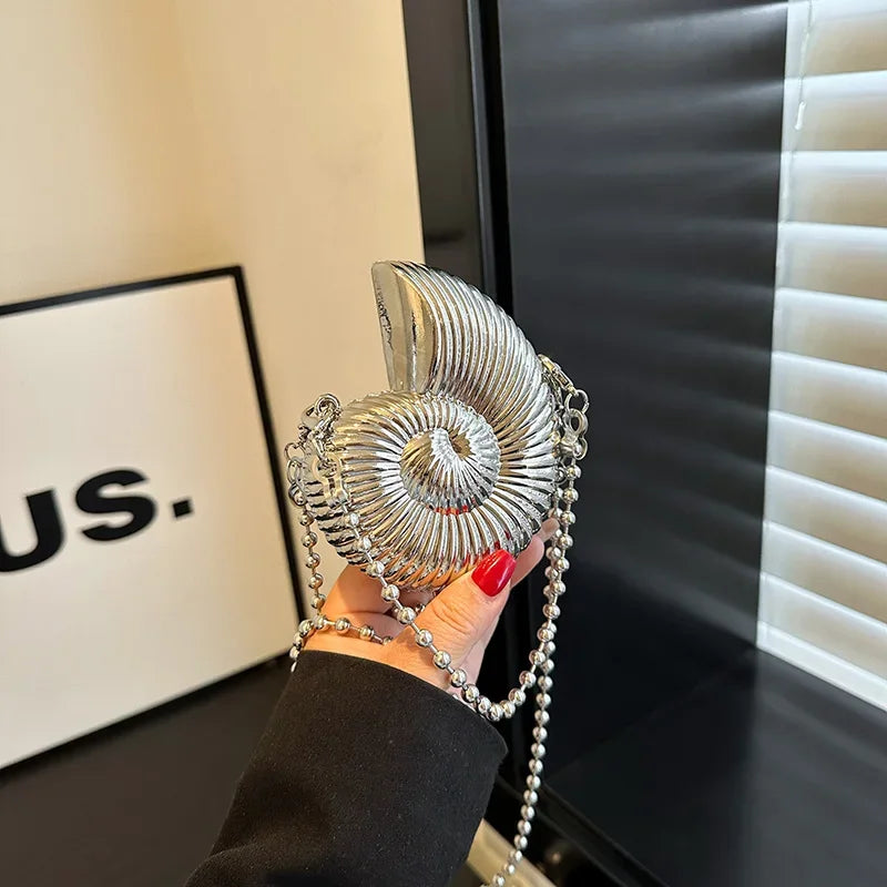 Hard Metallic Conch Shell Clutch | Metal Chain Crossbody Evening Bag Luxegan