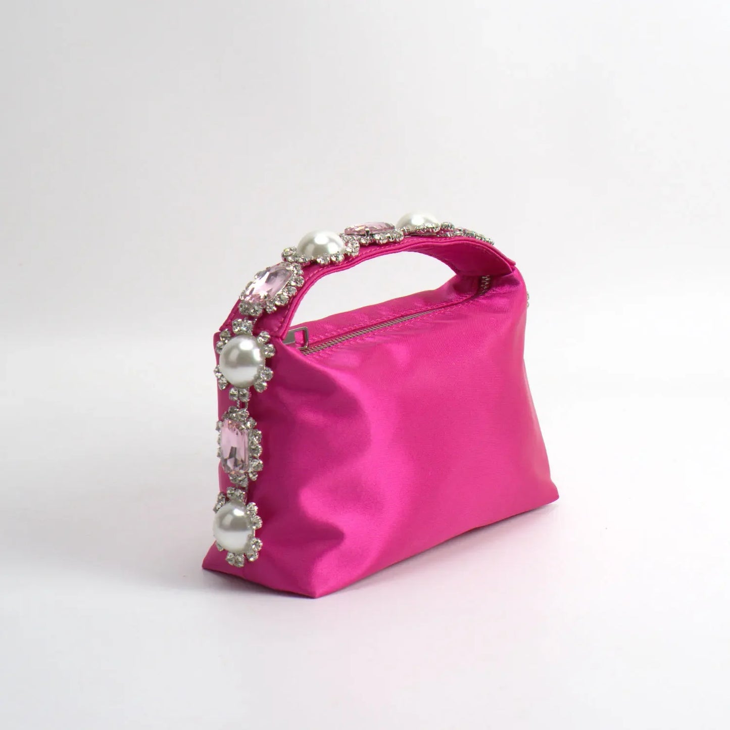 Luxury Feather & Pearl Evening Clutch | Designer Satin Wedding Purse with Diamond Decoration | Fashionable Sparkling Square Party Tote | Elegant White Satin Flap Handbag Luxegan