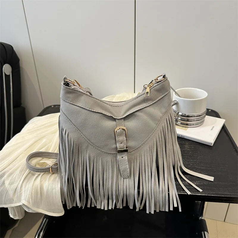 Women’s Vintage Faux Suede Messenger Bag | Western-Style Tassel Crossbody with Sequined Accents | Lightweight Fashion Satchel with Adjustable Detachable Strap Luxegan
