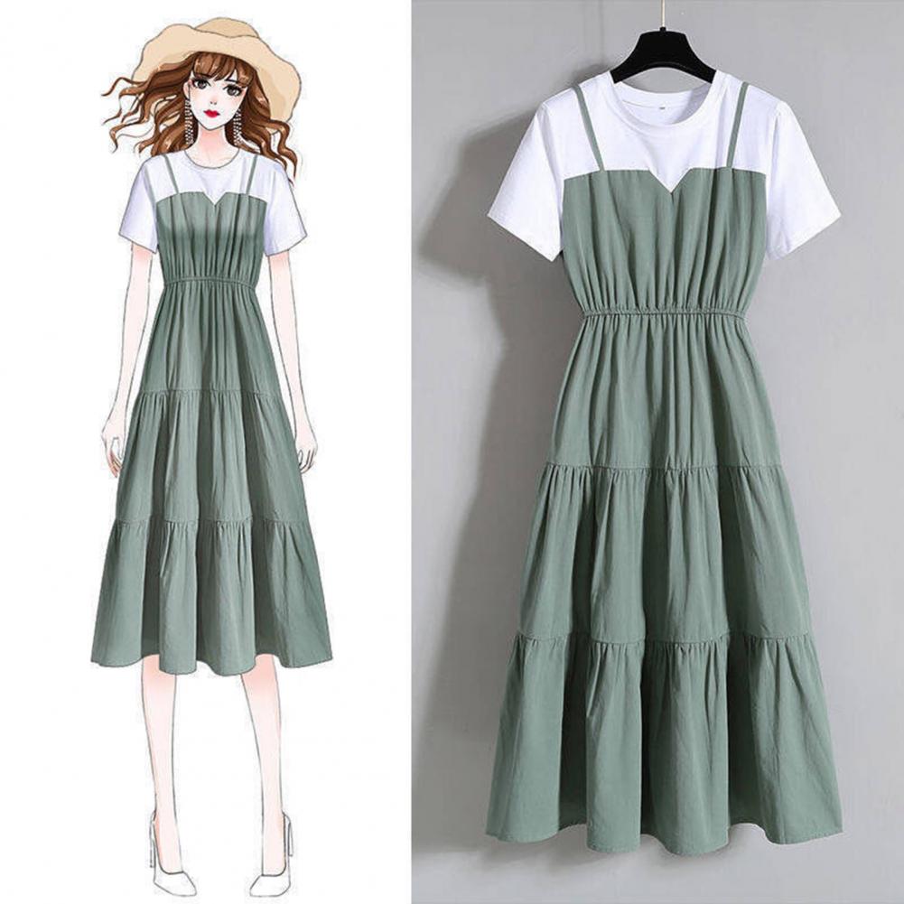 Solid Round Neck Short Sleeve Loose Fit-and-Flare Mid-Calf Dress – Elastic Waist, Spring/Summer Luxegan
