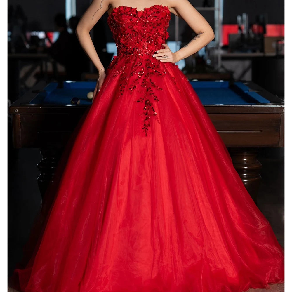 Sequined Floral A-Line Evening Gown | Strapless Sleeveless Floor-Length Prom Dress Luxegan