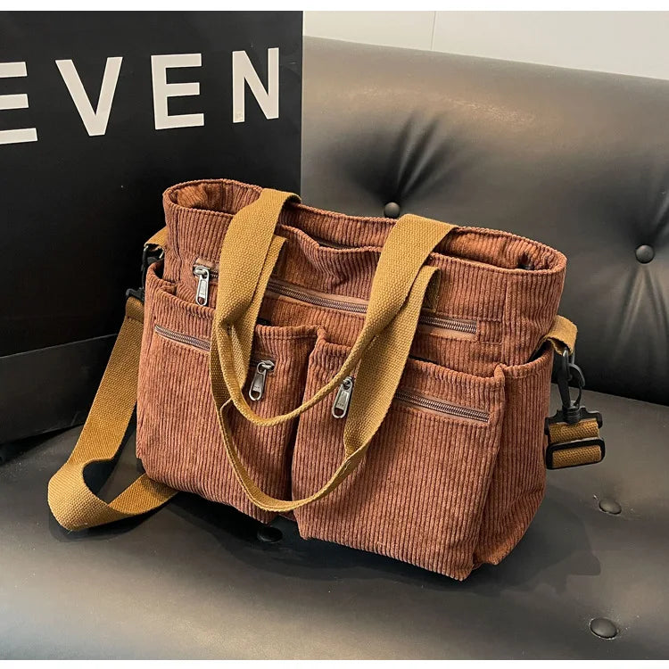Female Large Capacity Corduroy Tote Bag | New Korean Style Fashion Women's Shoulder Crossbody Bag (Worker Commuter Handlebag)