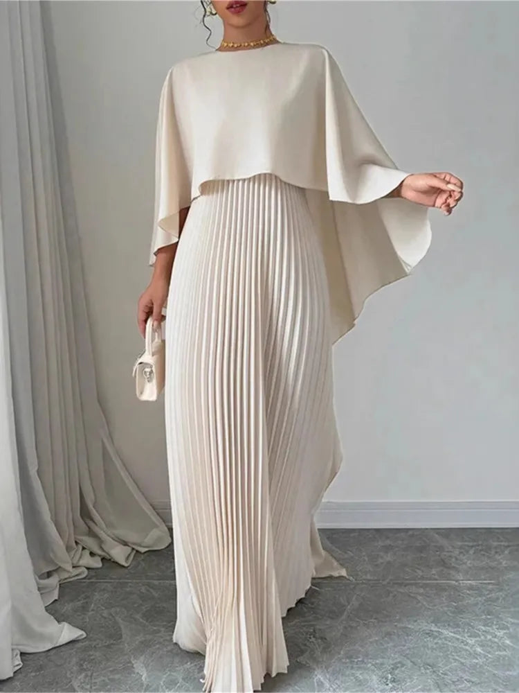 Women's Fashion Loose Bat Sleeve Long Dress | Elegant Spring Summer Curling Irregular Dress | Minimalist O-Neck Seven-Inch Sleeve Gown | Premium Acetate Slight Stretch Casual Floor-Length Vestido Luxegan