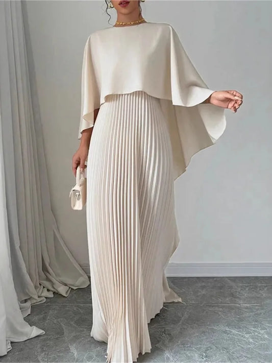 Women's Fashion Loose Bat Sleeve Long Dress | Elegant Spring Summer Curling Irregular Dress | Minimalist O-Neck Seven-Inch Sleeve Gown | Premium Acetate Slight Stretch Casual Floor-Length Vestido Luxegan