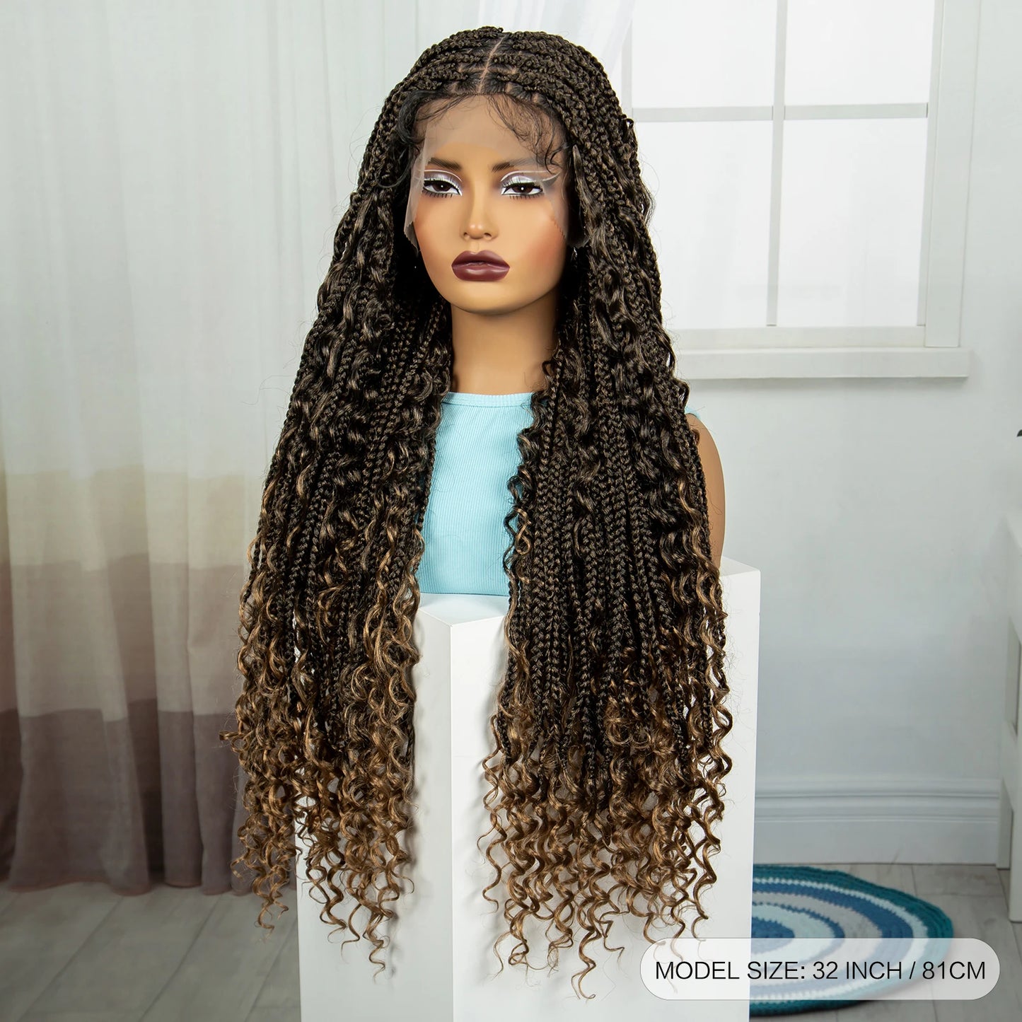 Burgundy Knotless Box Braids Wig with Curly Ends | Full Lace Handmade Luxegan