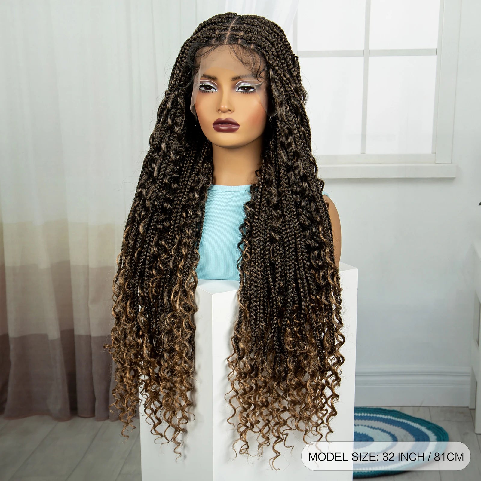 Burgundy Knotless Box Braids Wig with Curly Ends | Full Lace Handmade Luxegan