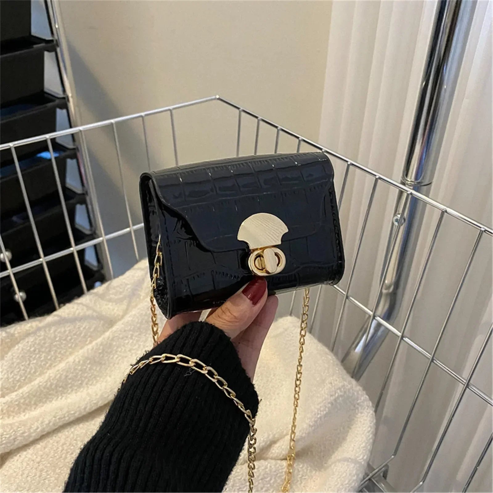 Korean Style Leather Bright Surface Shoulder Bag | Chain Mini Crossbody Bag & Lipstick Pouch Luxegan