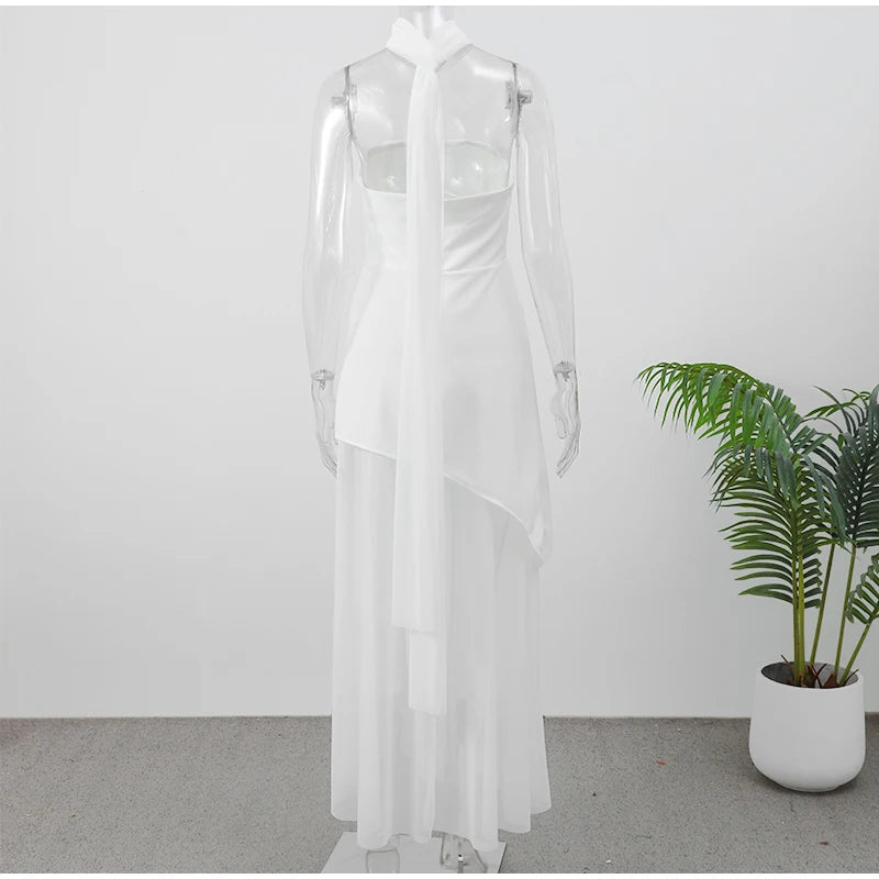 Elegant White Mesh Splicing Slim Women Strapless Dress Chic Scarf Neck Off Shoulder High Waist Long Dresses Lady Party Robes