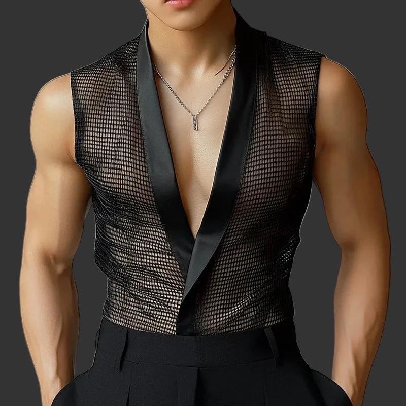 Mesh Hollow Out See-Through Tank Top | Sophisticated V-Neck Sleeveless Silhouette | Elegant "Patchwork" Summer Streetwear | "Dignified" Knitted Black Polyester Top for Radiant Versatile Styling Luxegan