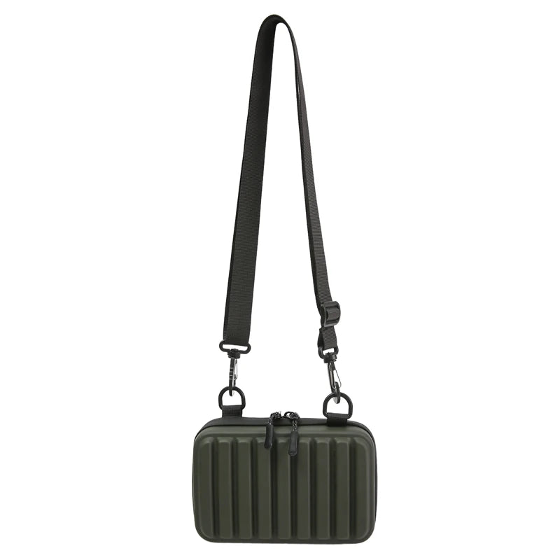 Unisex Army Green Mini Box Crossbody | Casual Leisure Shoulder Sling Bag | Durable PVC Solid Color Handbag with Striped Texture & Zipper Closure Luxegan