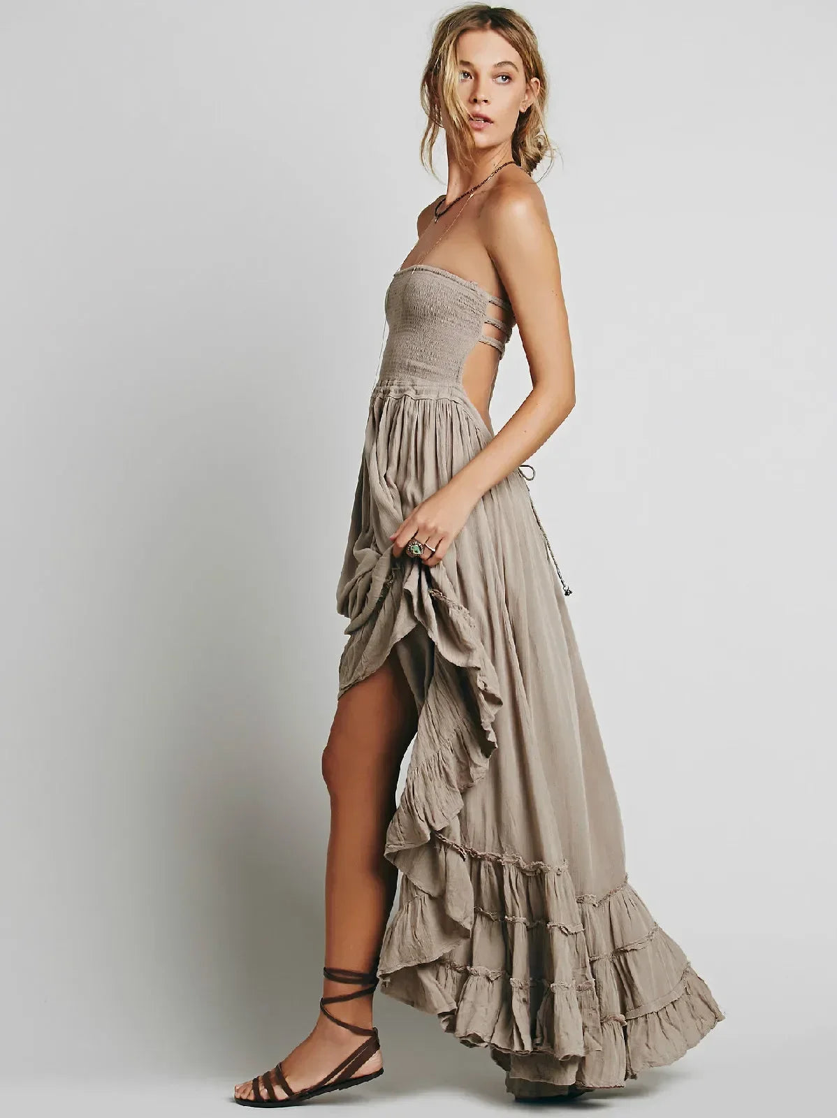 Solid Spaghetti Strap Draped Tie-Waist Regular Fit A-Line Ankle-Length Rayon Dress – Empire Waist, Bohemian, Summer Luxegan
