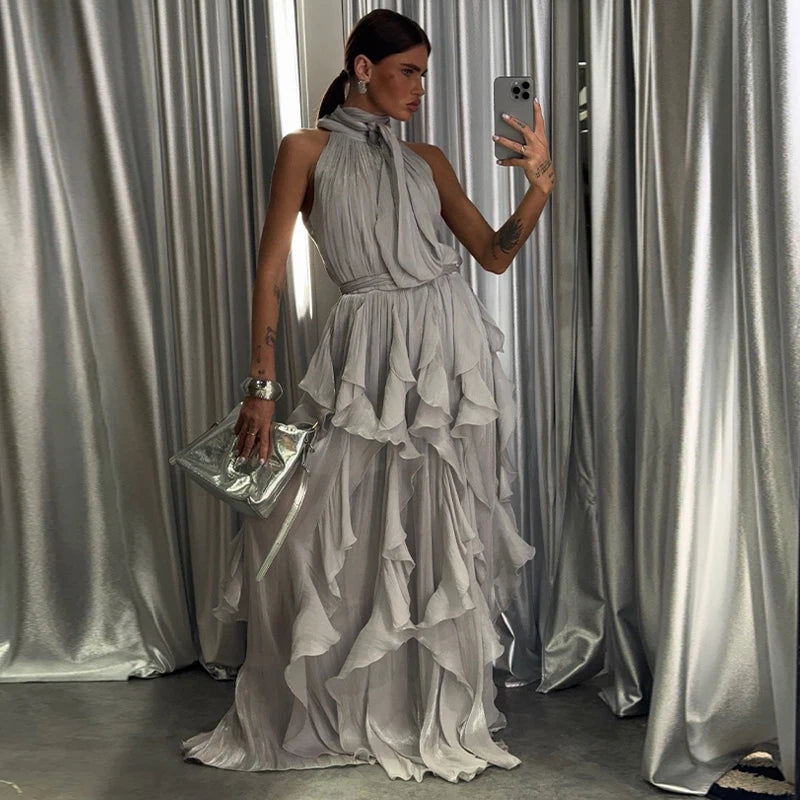 Sexy Cascading Ruffle Pleated Long Dress | Elegant Asymmetrical Neckline Lace-Up Gown | Sleeveless Empire Styling A-Line Maxi Dress | Premium Tatting Slight Stretch Floor-Length Robe Luxegan
