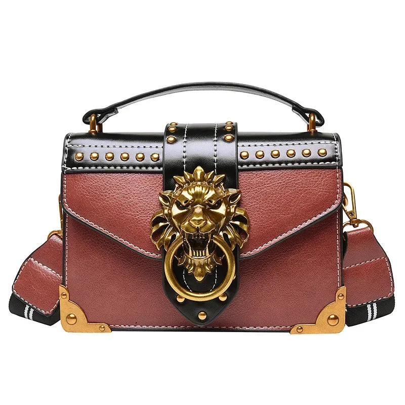 Retro Women's Fashion Handbag | Luxury Metal Lion Head Brand Shoulder Bag | Vintage Mini Square Storage Purse | Trendy Designer Messenger Bag (Model LMY1310) Luxegan