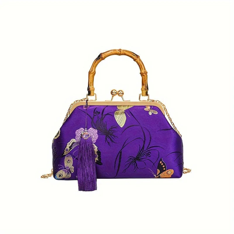 Luxury Silk Embroidered Handbag | Sophisticated "Retro Palace" Silhouette | Elegant Bamboo Handle Shell Bag | "Dignified" High-Performance Chinese Literary Dinner Clutch for Radiant Versatile Styling Luxegan