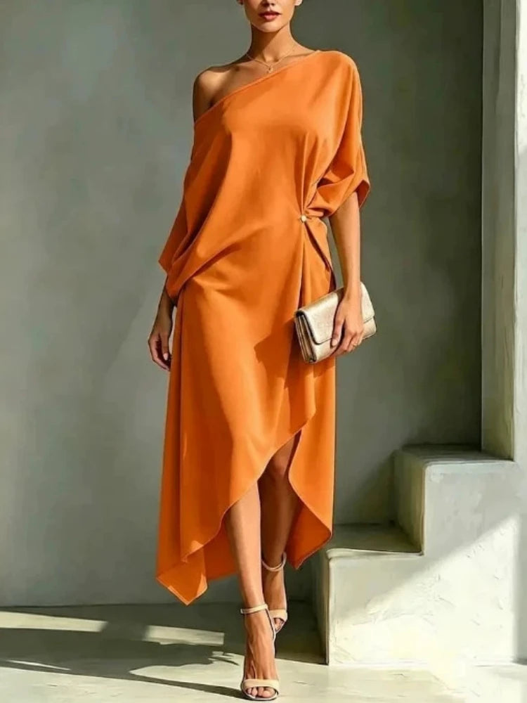 Asymmetric Collar Batwing Sleeve Maxi Dress Luxegan