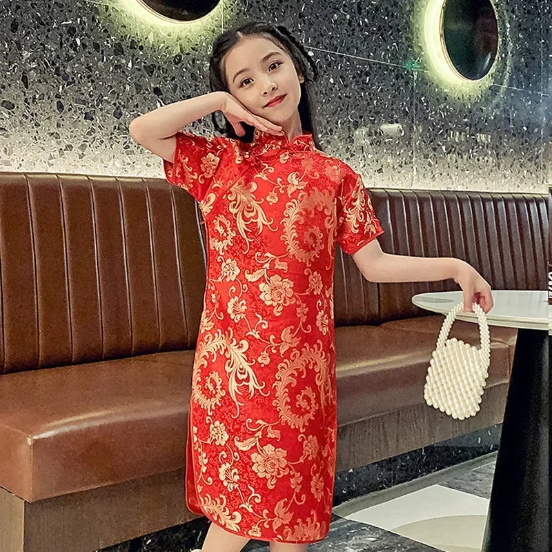 Girls' Modern Cheongsam Chinese Style Dress | Summer Kids Casual Flower Print Clothes | Short-Sleeve Turtleneck Knee-Length Straight Dress Luxegan
