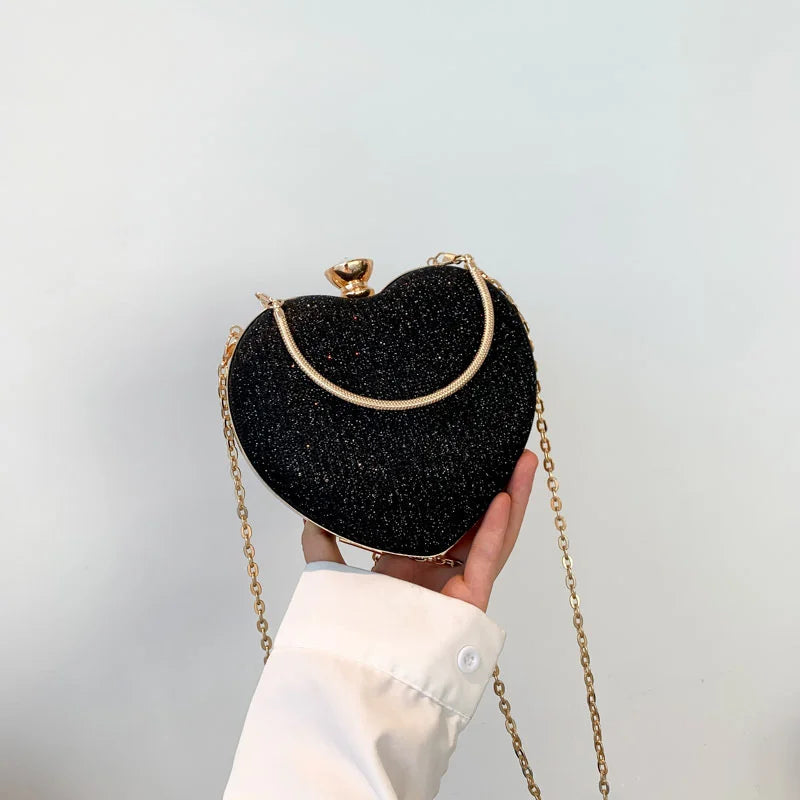Shiny Heart Shape Metal Evening Clutch Bag for Women | Fashion Chain Shoulder Crossbody Bag (Luxury Lady Purse) Luxegan