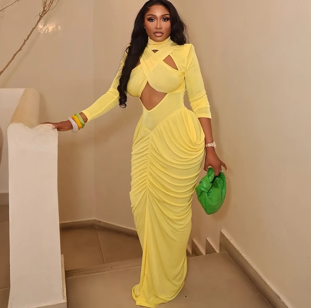 High Neck Long Sleeve Hollow-Out Ruched Fit & Flare Maxi Dress | Sexy Streetwear Party Birthday Dress Luxegan
