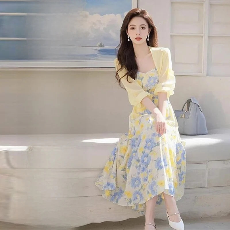 Summer Large Size Women's Faionable Sun Protection Open Cardigan Top Waist Cinching Floral Dr Gentle Wind Two-Piece Set
