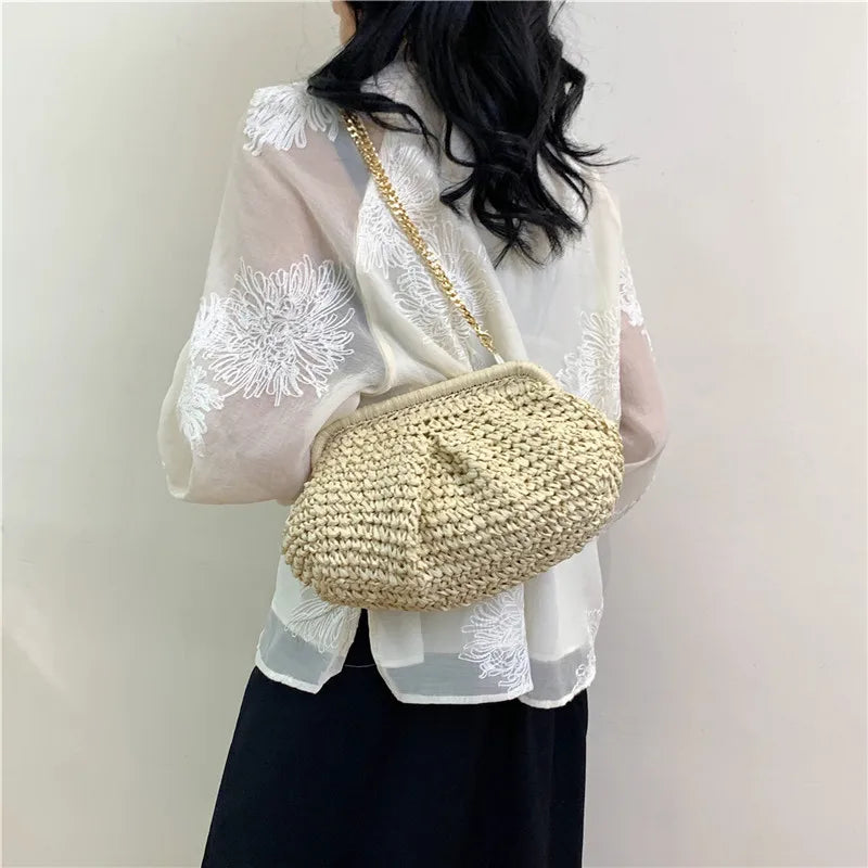Bohemian Straw Dumpling Clutch Bag | Woven Straw Tote Purse for Women (Summer Beach Bag, Wicker Clutch) Luxegan