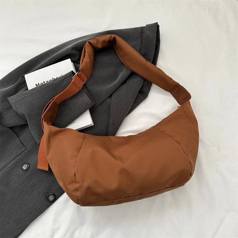 Fashion Large Capacity Hobo Bag | Casual Oxford Cloth & PU Leather Women's Half Moon Crossbody Tote Luxegan