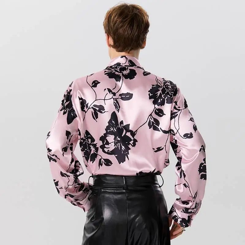 Men’s Satin Printing Lapel Shirt | Sophisticated "Lace-Up" Long Sleeve Silhouette | Elegant Autumn Streetwear Camisas | "Dignified" High-Performance Fashion Clothing for Radiant Versatile Styling Luxegan