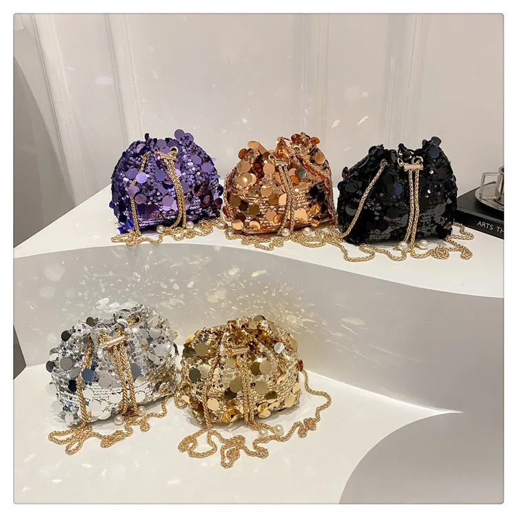 Sequin Chain Women's Portable Bucket Shoulder Bags | Retro Ladies Dinner Party Clutch Purse Luxury Design Female Crossbody Bag Luxegan