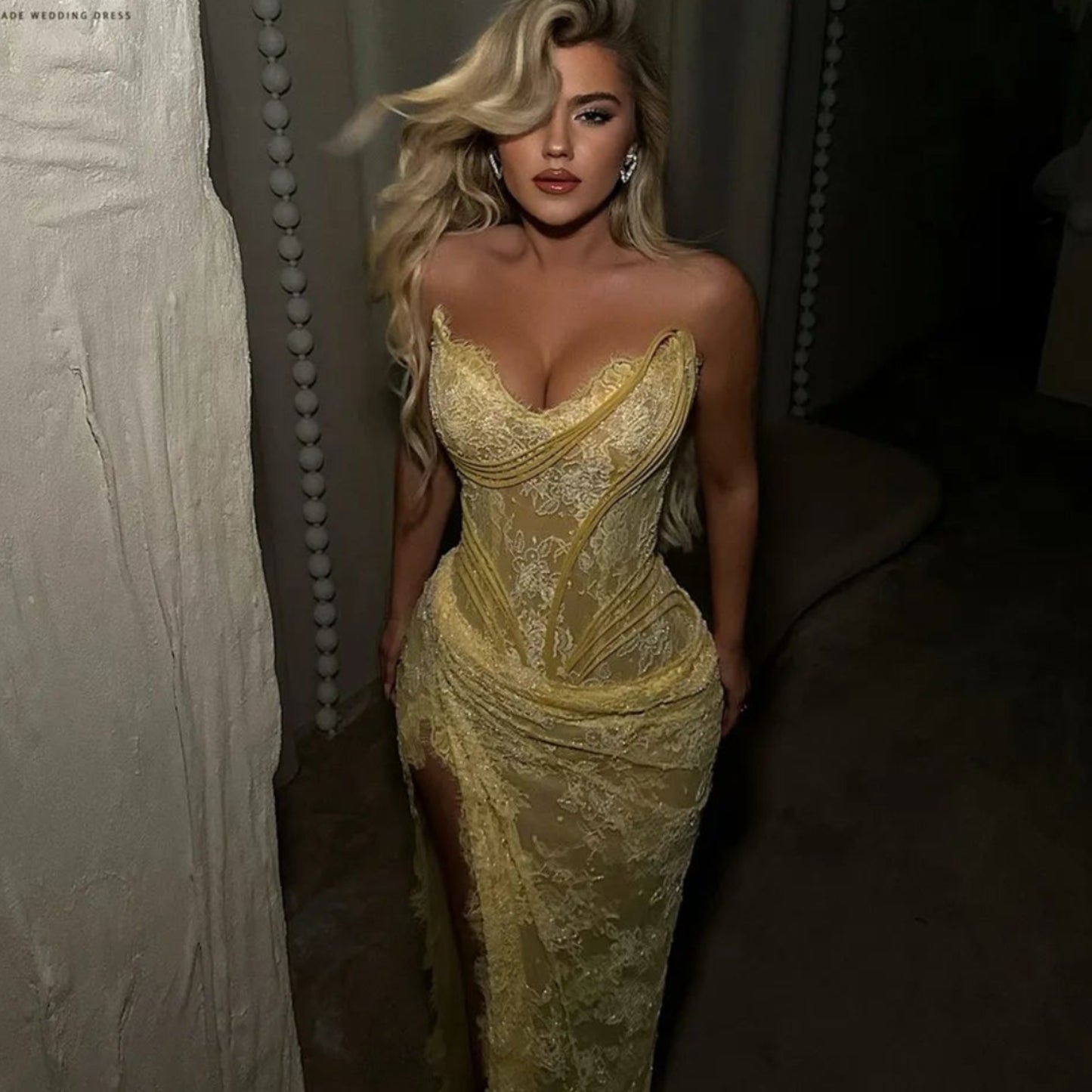Women's Sexy Yellow Mermaid Prom Dress | Elegant Strapless Lace Evening Gown | Glamorous Floor-Length Trumpet Party Dress | Premium Satin & Microfiber Formal Robe with Built-in Bra Luxegan
