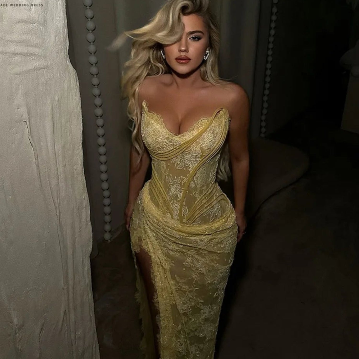 Women's Sexy Yellow Mermaid Prom Dress | Elegant Strapless Lace Evening Gown | Glamorous Floor-Length Trumpet Party Dress | Premium Satin & Microfiber Formal Robe with Built-in Bra Luxegan