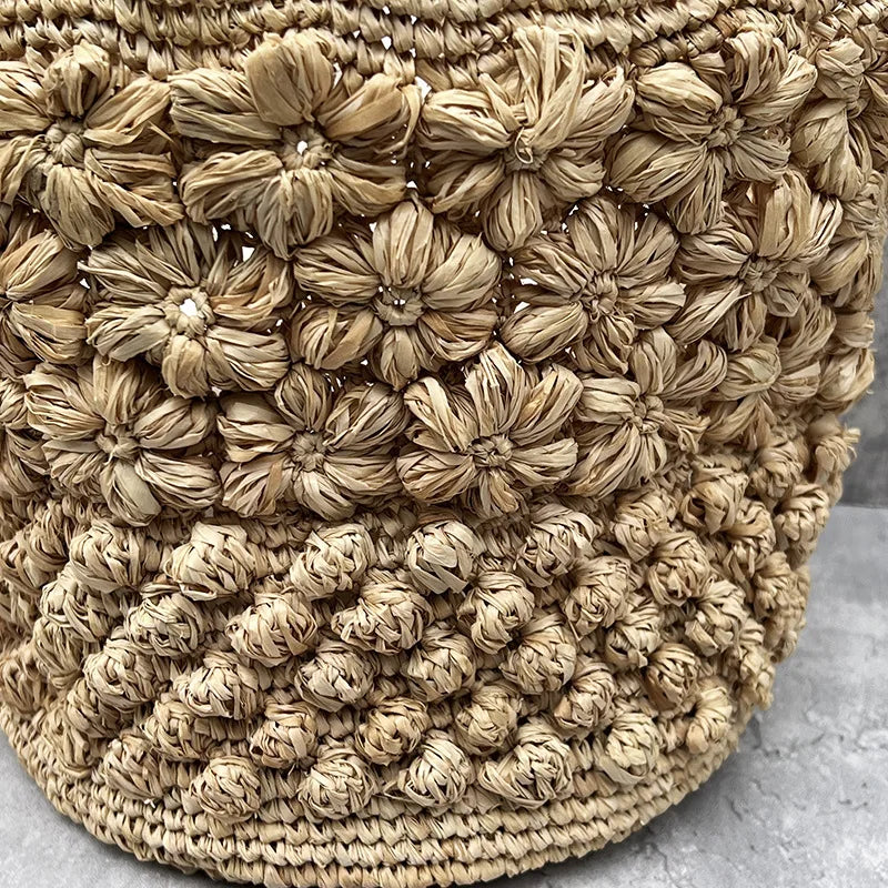 Bohemian Raffia Beach Bags for Women Bucket Bag Luxury Flower Straw Bag | Women Handbag Handmade Travel Rattan Shoulder Bags Tote Luxegan