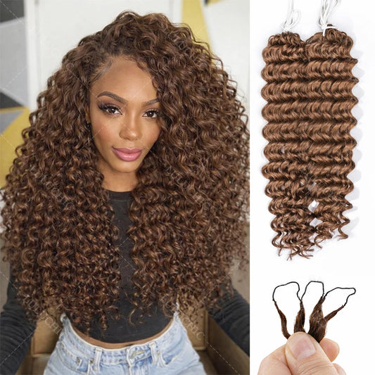 Chocolate Brown Feather Crochet Deep Wave Extensions | Sophisticated "Pre-Separated" Knotless Silhouette | Elegant "Brazilian Remy" Human Hair | "Dignified" Bohemian Braiding Hair for Radiant Versatile Styling Luxegan