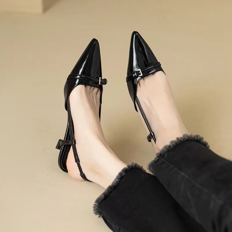 French Wine Red Pointed Sandals | Sophisticated Patent Leather Mid-Heels | Elegant "Summer Retro" Skinny Heel Pumps | "Dignified" Back Empty Mary Janes for Radiant Versatile Styling Luxegan