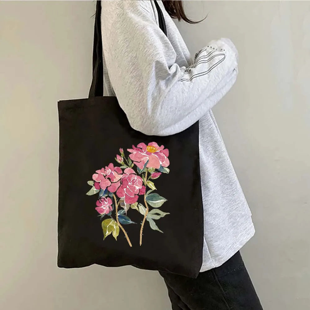 Succulove Floral Cotton Tote Bag | Large Capacity Handbag with Tulips, Hydrangeas, Sunflowers & More (Casual Shoulder Shopper, Eco-Friendly) Luxegan