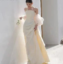 White Satin Strapless Sleeveless Backless Pleated Trumpet Mermaid Floor-Length Gown with Watteau Train – Empire Waist, Built-In Bra Luxegan