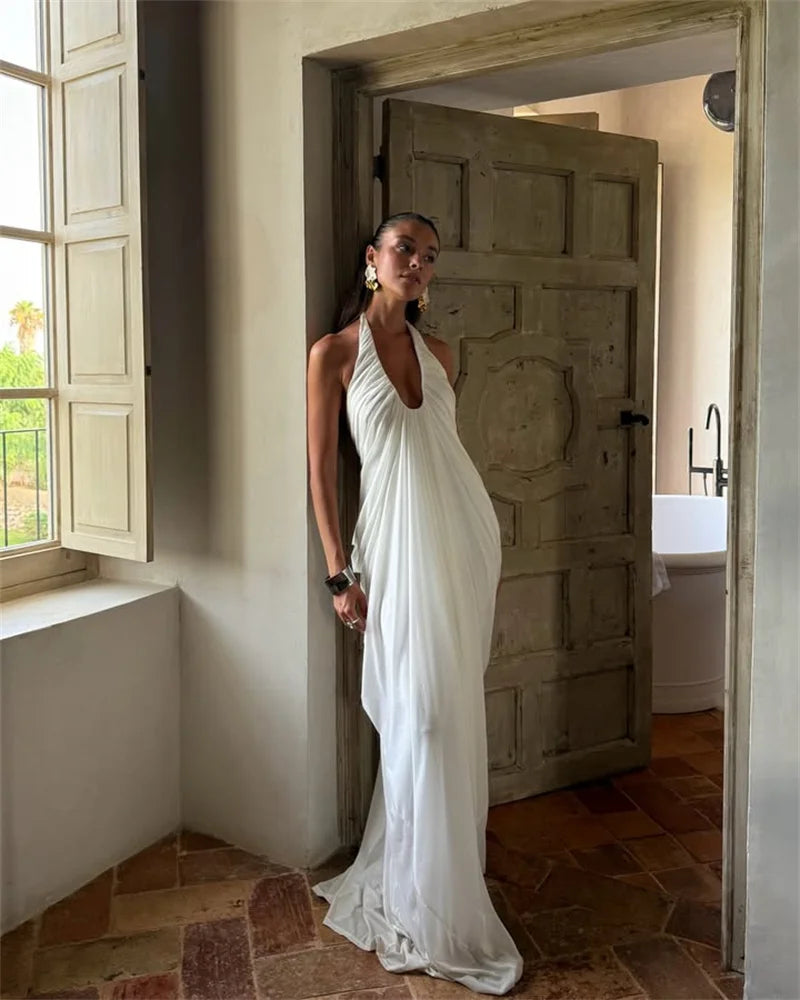 Mozision Mesh Halter Backless Sexy Maxi Dress Women Gown Fashion Elegant V Neck Sleeveless Pleated Club Party Long Dresses