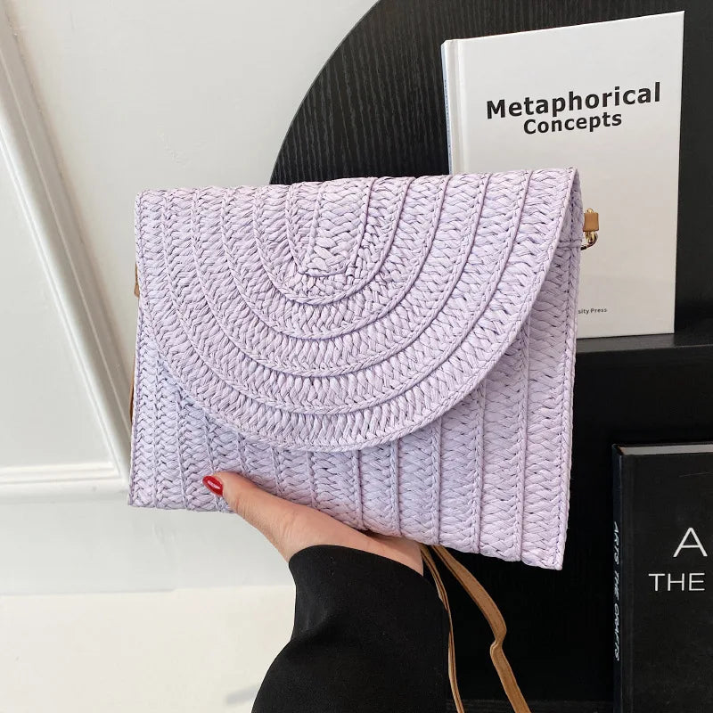 Handmade Woven Straw Envelope Clutch | Sophisticated Fur-Accent Shoulder Bag | Elegant Summer Crossbody Purse | "Dignified" Soft Beach Handbag for Versatile Vacation Styling Luxegan