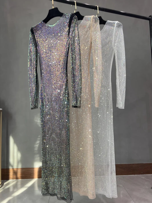 Long Sleeve Rhinestone Diamond Hollow-Out Sheath Maxi Dress | Sexy Club Glam Floor-Length Gown Luxegan