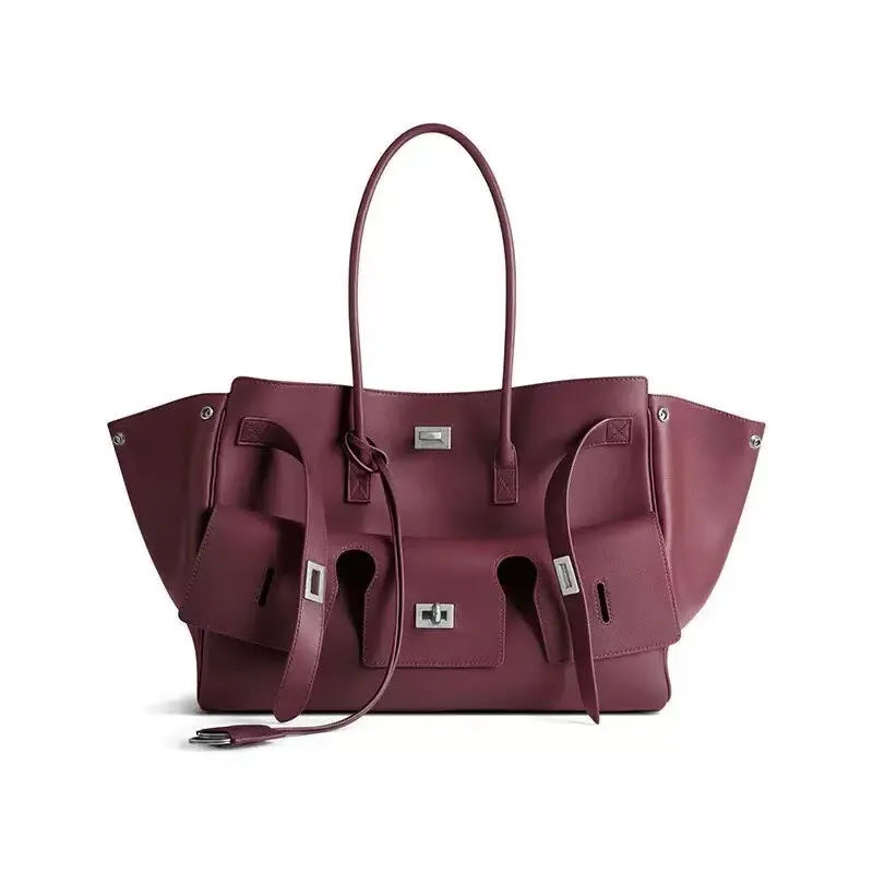 Luxury Real Leather Tote Bag Brand Texture Lock Wing Bag Solid Color Simple New Horizontal Square Bag Women's Commuter Handbag