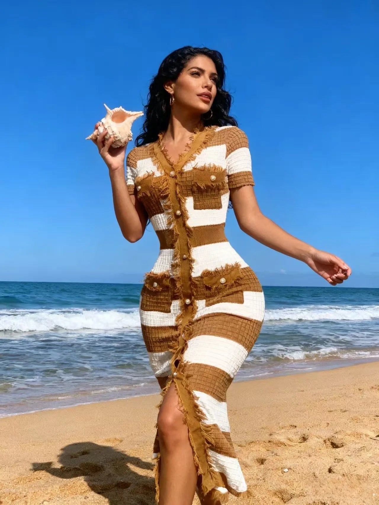 V-Neck Short Sleeve Tassel Striped Knit Pencil Midi Dress | Slim Fit Elegant Office Lady Summer Dress Luxegan