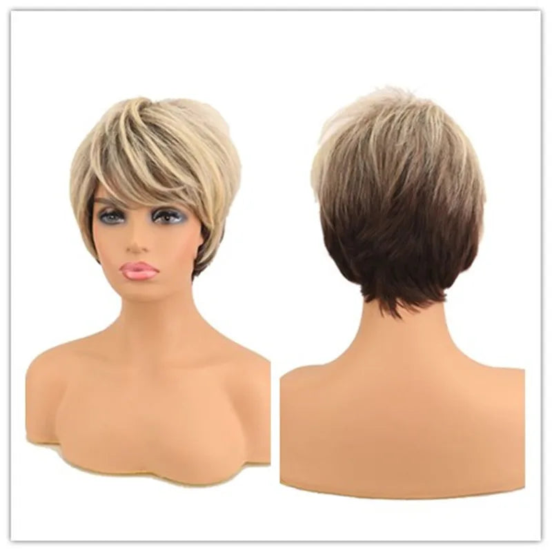 Short Brown Bob Wig with Bangs | Mixed Blonde Synthetic Natural Hair Wig for Women (Soft Mommy Hair, Daily Use) Luxegan