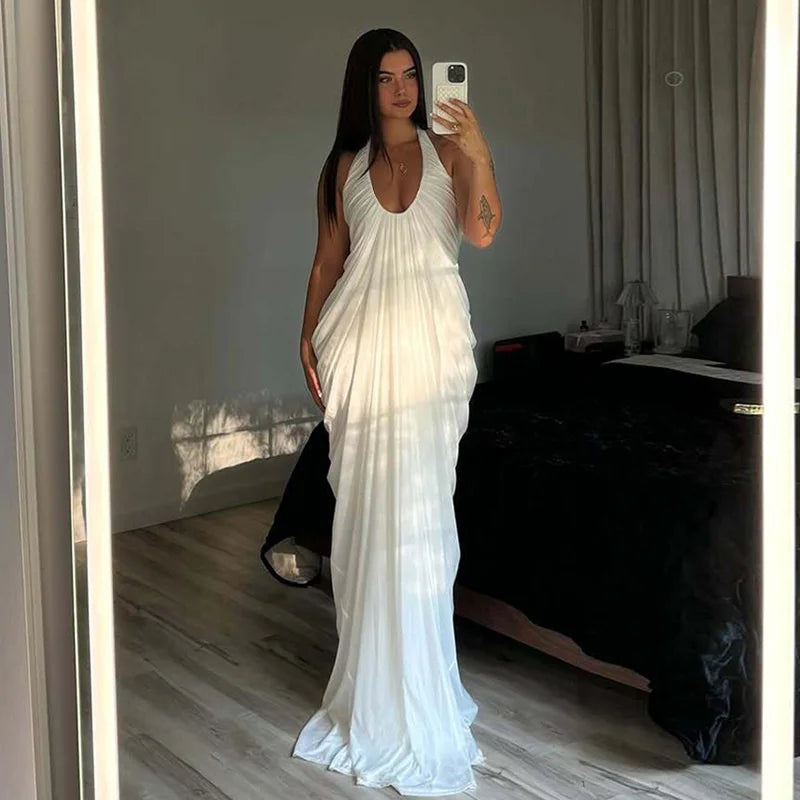 Mozision Mesh Halter Backless Sexy Maxi Dress Women Gown Fashion Elegant V Neck Sleeveless Pleated Club Party Long Dresses