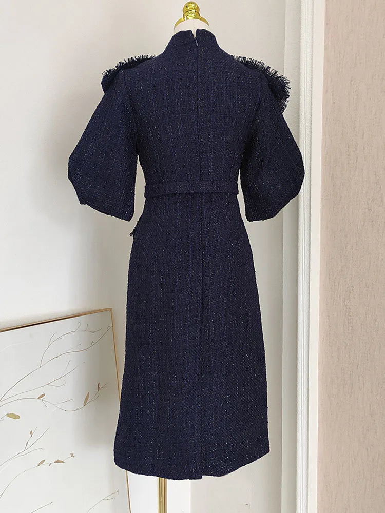 Stand Collar Short Puff Sleeve Tassel Trim Regular Fit A-Line Midi Dress – Empire Waist, Autumn/Winter Luxegan