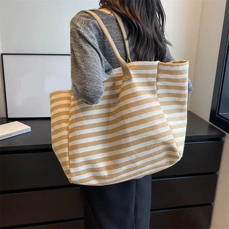 Casual Striped Canvas Bag for Women | Large Capacity Shoulder Bag & Daily Shopping Tote (Student Bookbag for School, Travel, Beach) Luxegan