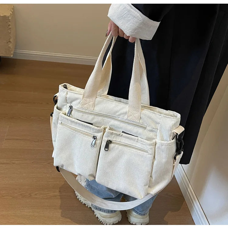 Female Large Capacity Corduroy Tote Bag | New Korean Style Fashion Women's Shoulder Crossbody Bag (Worker Commuter Handlebag)