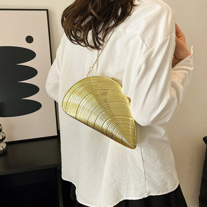 Polyester Sequined Shell Clutch | Hard Retro Gold Creative Box Evening Bag Luxegan