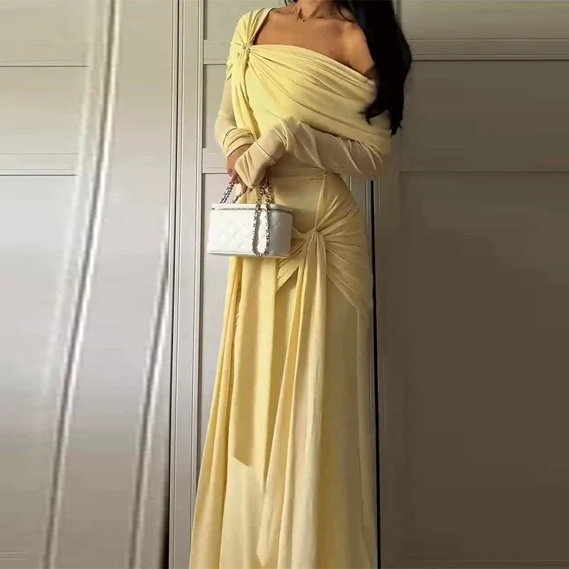 Off-the-Shoulder Long Sleeve Lace-Up Draped A-Line Floor-Length Maxi Dress | Elegant Chic Party Dress