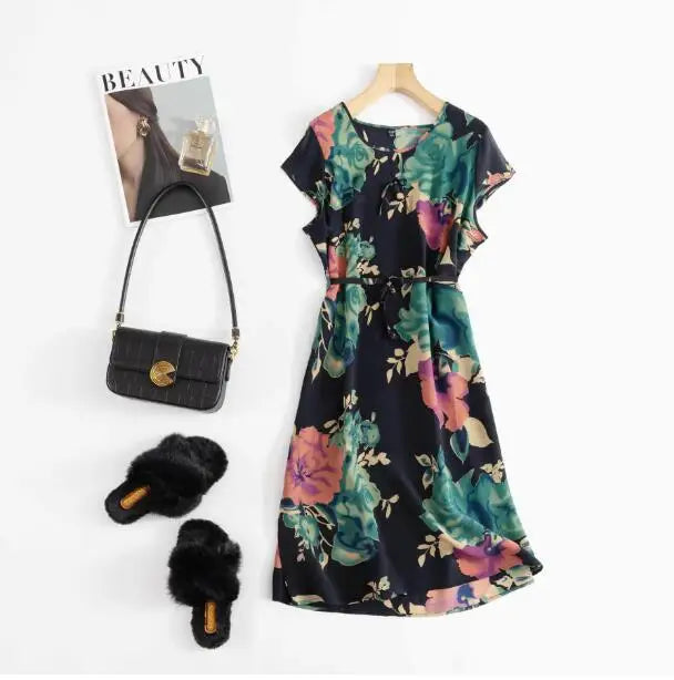 Print Round Neck Flare Sleeve Loose Straight Midi Dress – Mulberry Silk, Summer