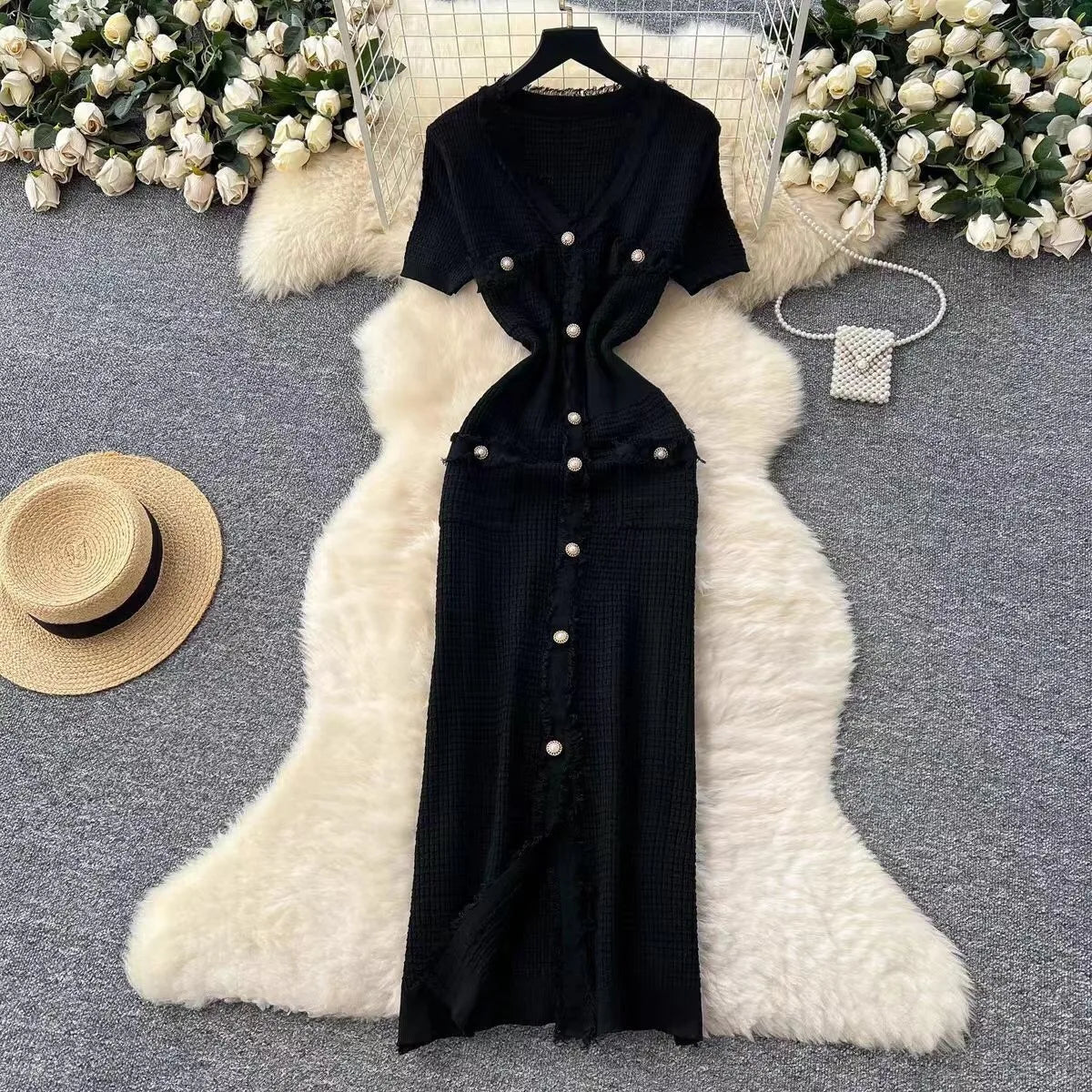 V-Neck Short Sleeve Tassel Striped Knit Pencil Midi Dress | Slim Fit Elegant Office Lady Summer Dress Luxegan