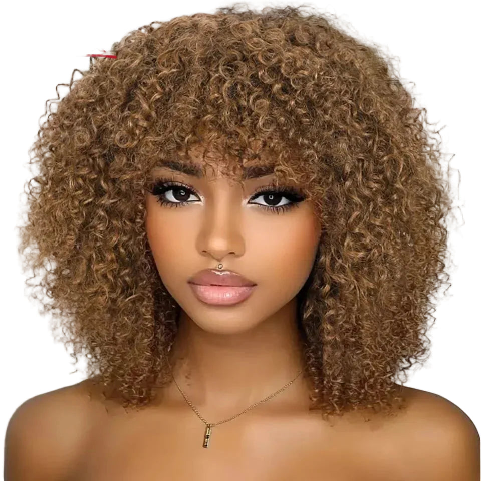 P4/27 Afro Kinky Curly Human Hair Bob Wig with Bangs - 250% Density Full Machine-Made Glueless Short Wig - 100% Brazilian Remy Human Hair Mix Brown Jerry Curly Fringe Wig for Women (Fast Shipping) Luxegan