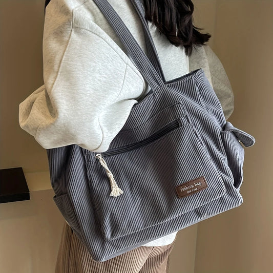 Simple Corduroy Tote Bag | Solid Color Shoulder Bag & Retro Multi-Pockets Handbag (For School, Work & Shopping) Luxegan